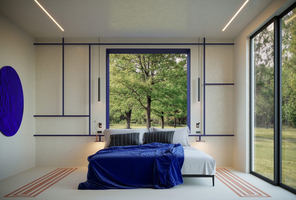 Inclusiva: camera da letto con boiserie a righe blu, grande finestra sul parco e copriletto in raso blu