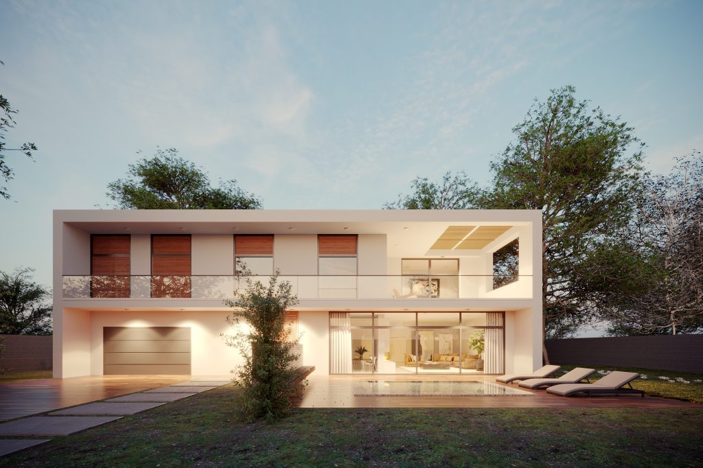 A. House: villa moderna a due piani con piscina e terrazza in legno al tramonto