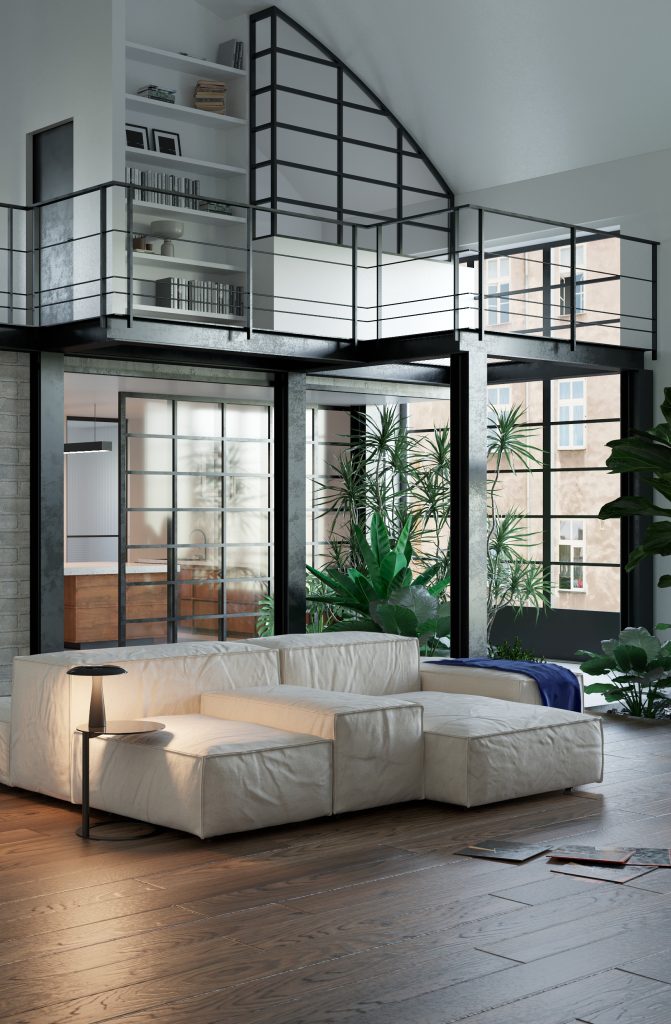 Loft S: soggiorno a doppia altezza con soppalco in metallo nero e divano componibile beige