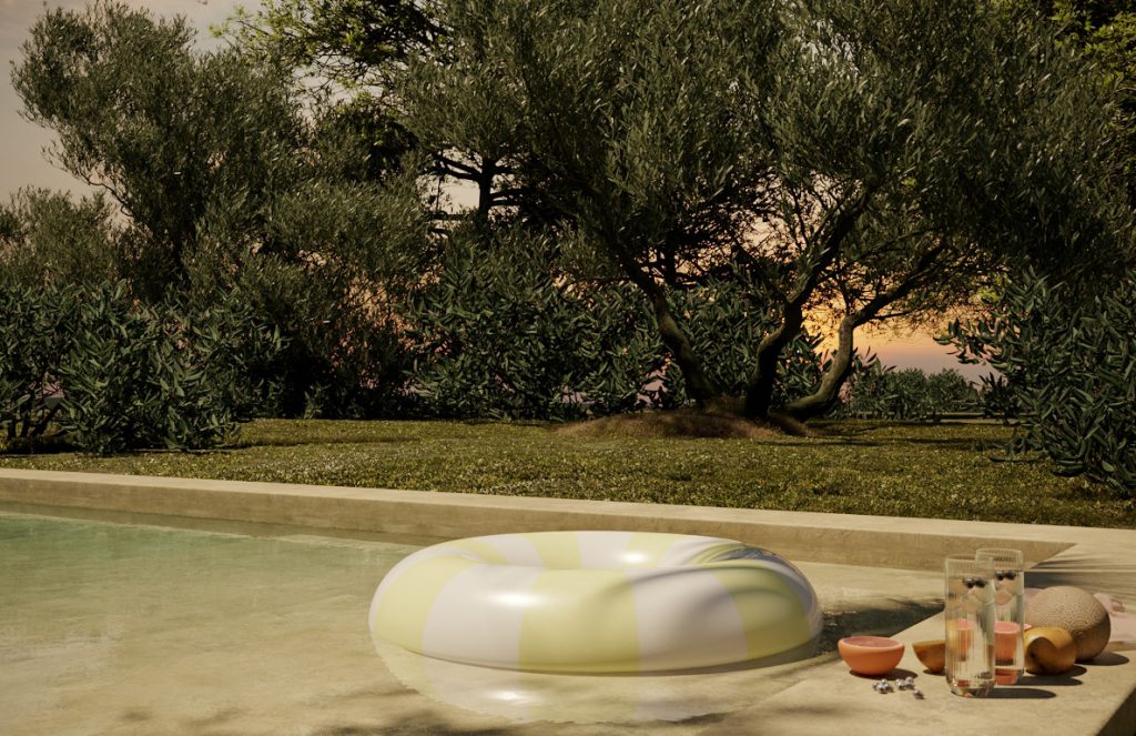 Summer: bordo piscina al tramonto tra gli ulivi, con ciambella gonfiabile e frutta fresca